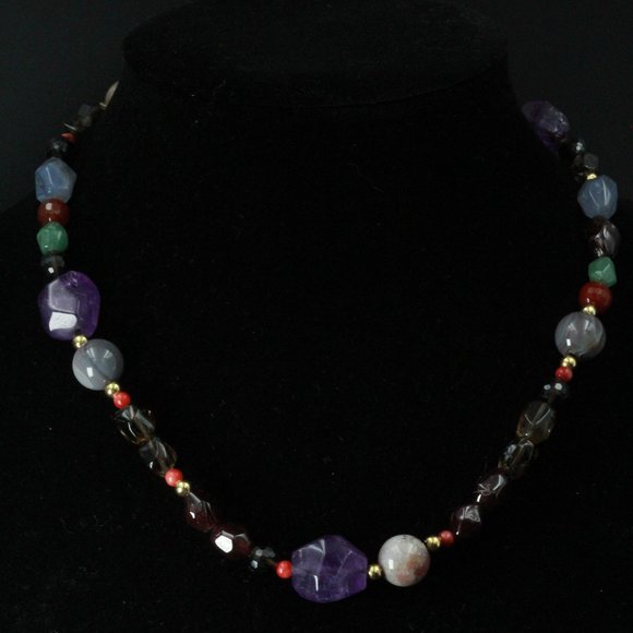 14K GOLD AMETHYST GARNET QUARTZ CHALCEDONY NECKLACE - Picture 1 of 14